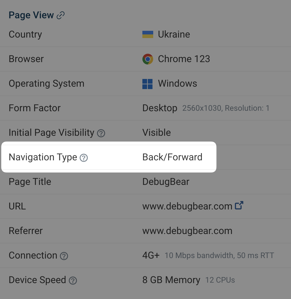 DebugBear Real User Monitoring Navigation Type