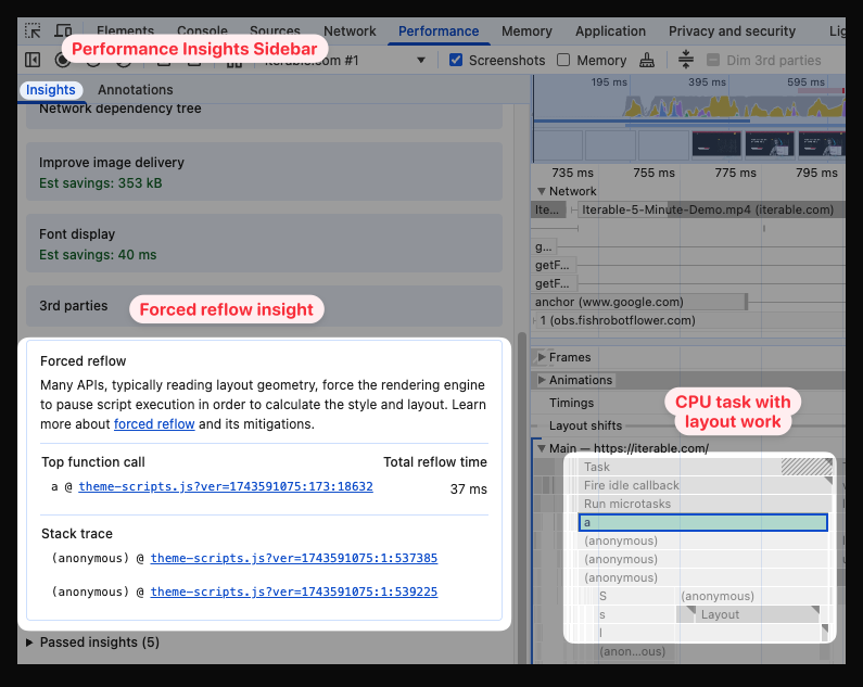 Forced reflow performance insight in Chrome DevTools